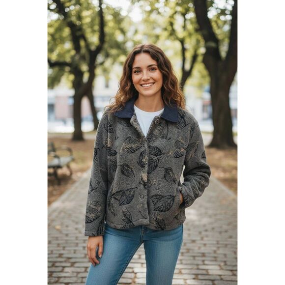 Vintage David Paul New York gray leaf print faux sherpa jacket button medium - Picture 1 of 7
